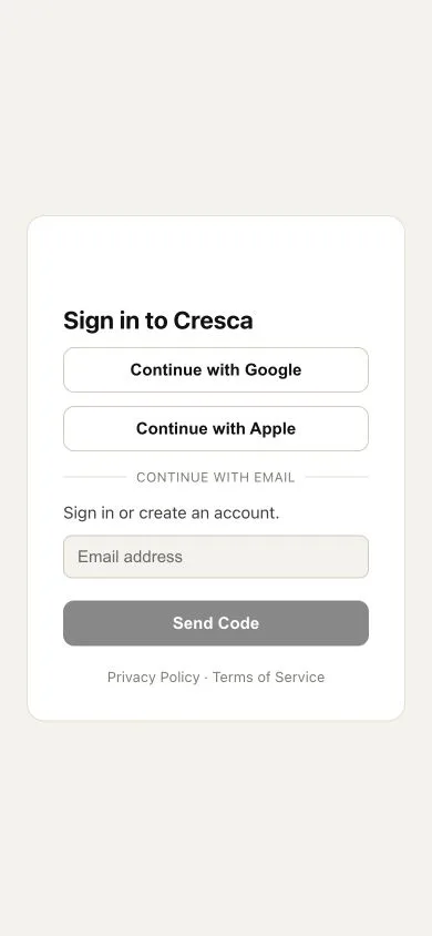 Cresca Web sign-in page with Google, Apple, and email options.