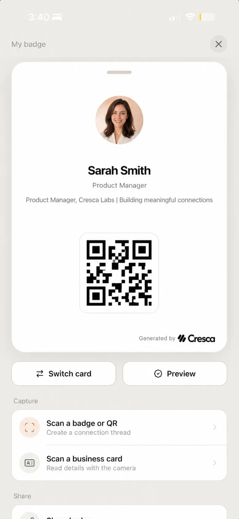 Cresca My Badge screen with a QR code and sharing actions.