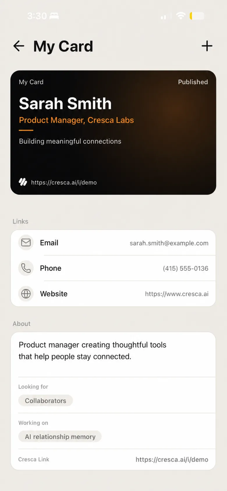 Cresca Card preview showing a published professional identity.