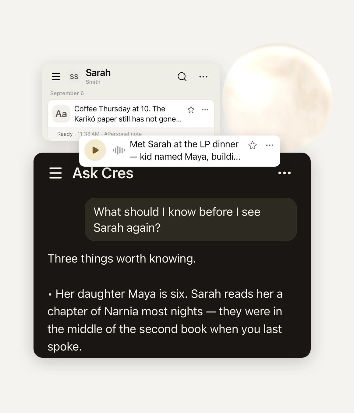 Cresca: Sarah's memory timeline, the voice note from the LP dinner, and Ask Cres answering what to know before seeing her again